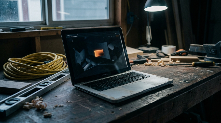 Laptop showing a dark contractor website on a workshop bench