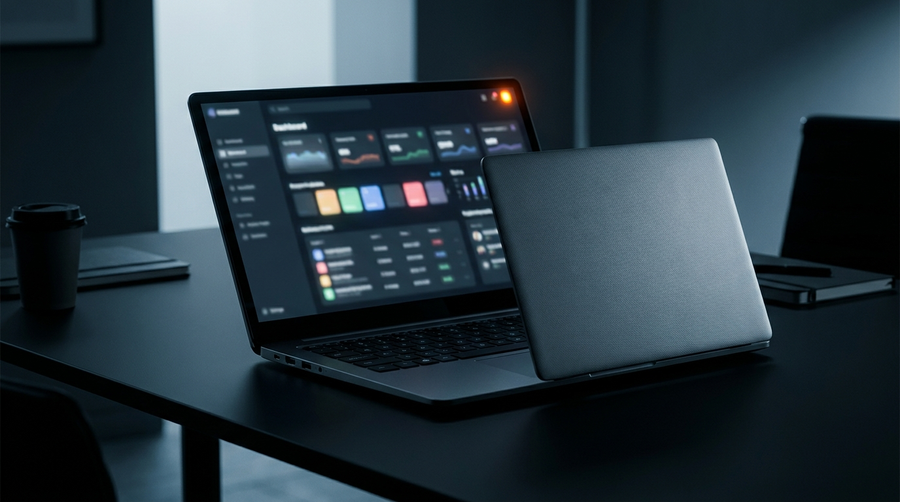 Laptop displaying a project dashboard with job and quote statuses