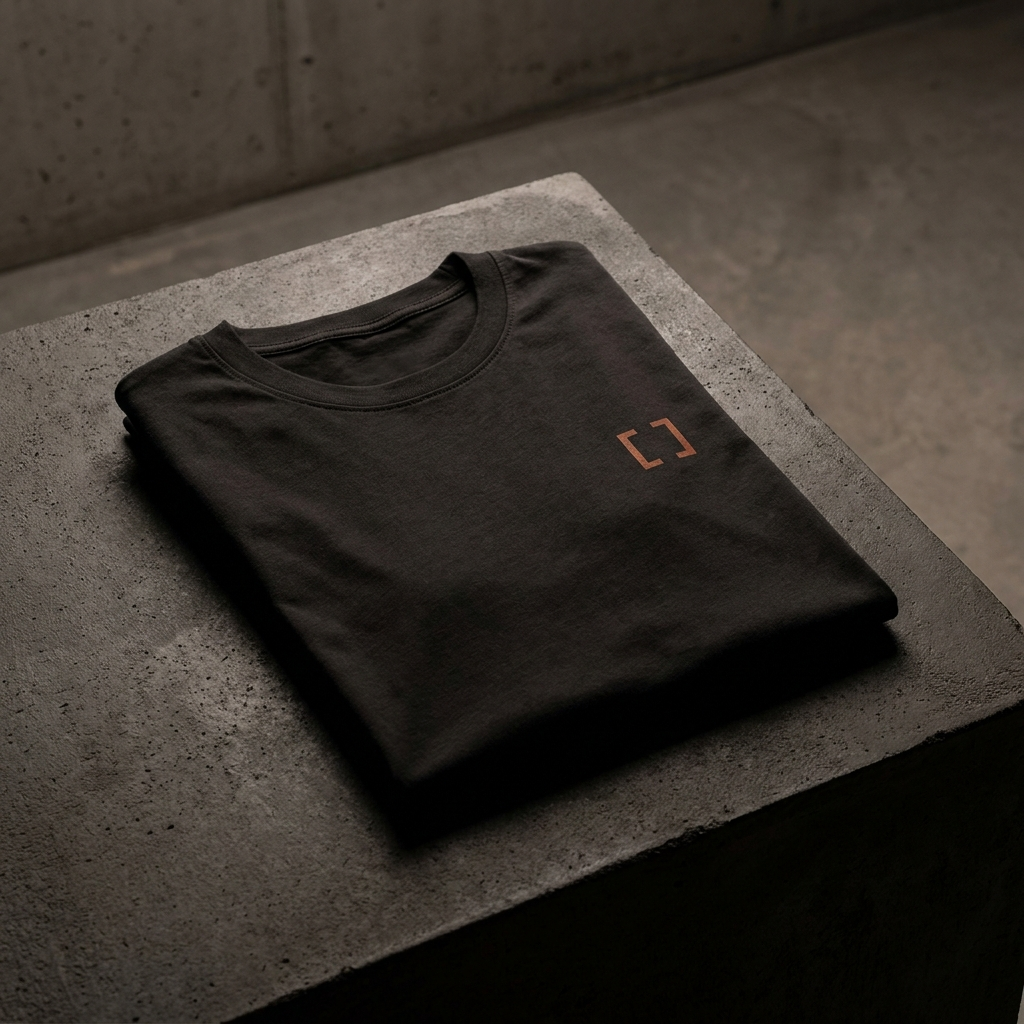 Black crew t-shirt with orange bracket emblem, folded on dark concrete