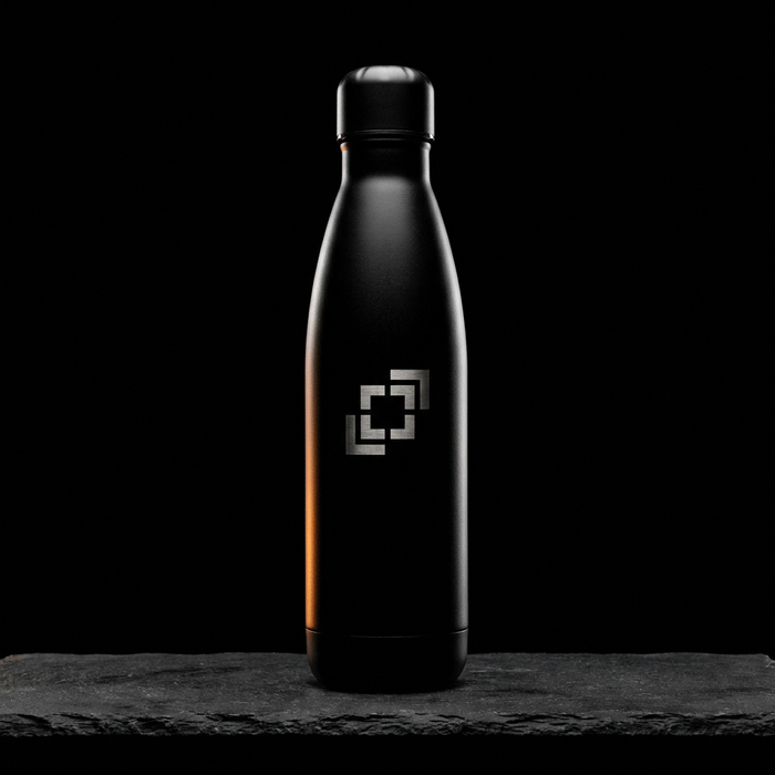 Laser-engraved matte black insulated water bottle