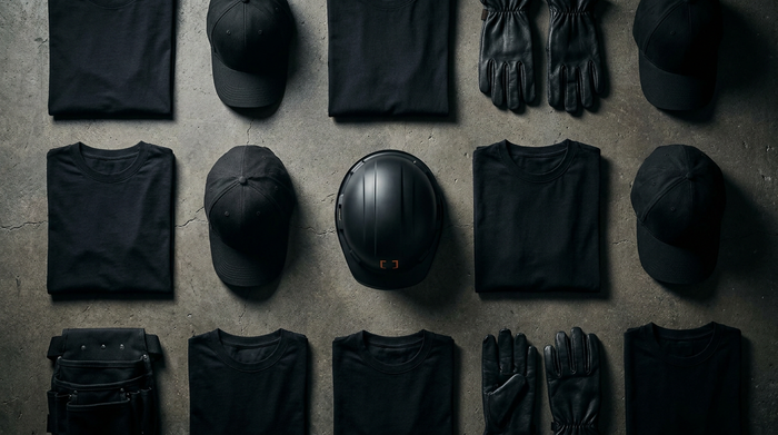 Matching black crew apparel kit laid out on dark concrete