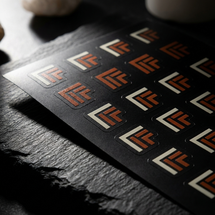 Sheet of die-cut vinyl logo stickers on dark slate