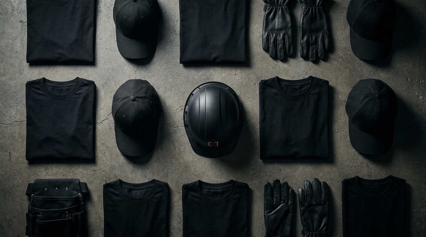 Matching black crew apparel and gear laid out in a grid on dark concrete