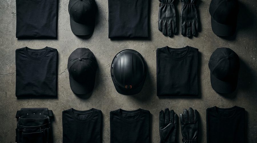 Matching black crew apparel and gear laid out in a grid on dark concrete