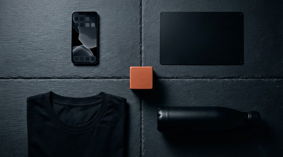 Digital and physical branding pieces arranged together: phone, sign, shirt, and bottle