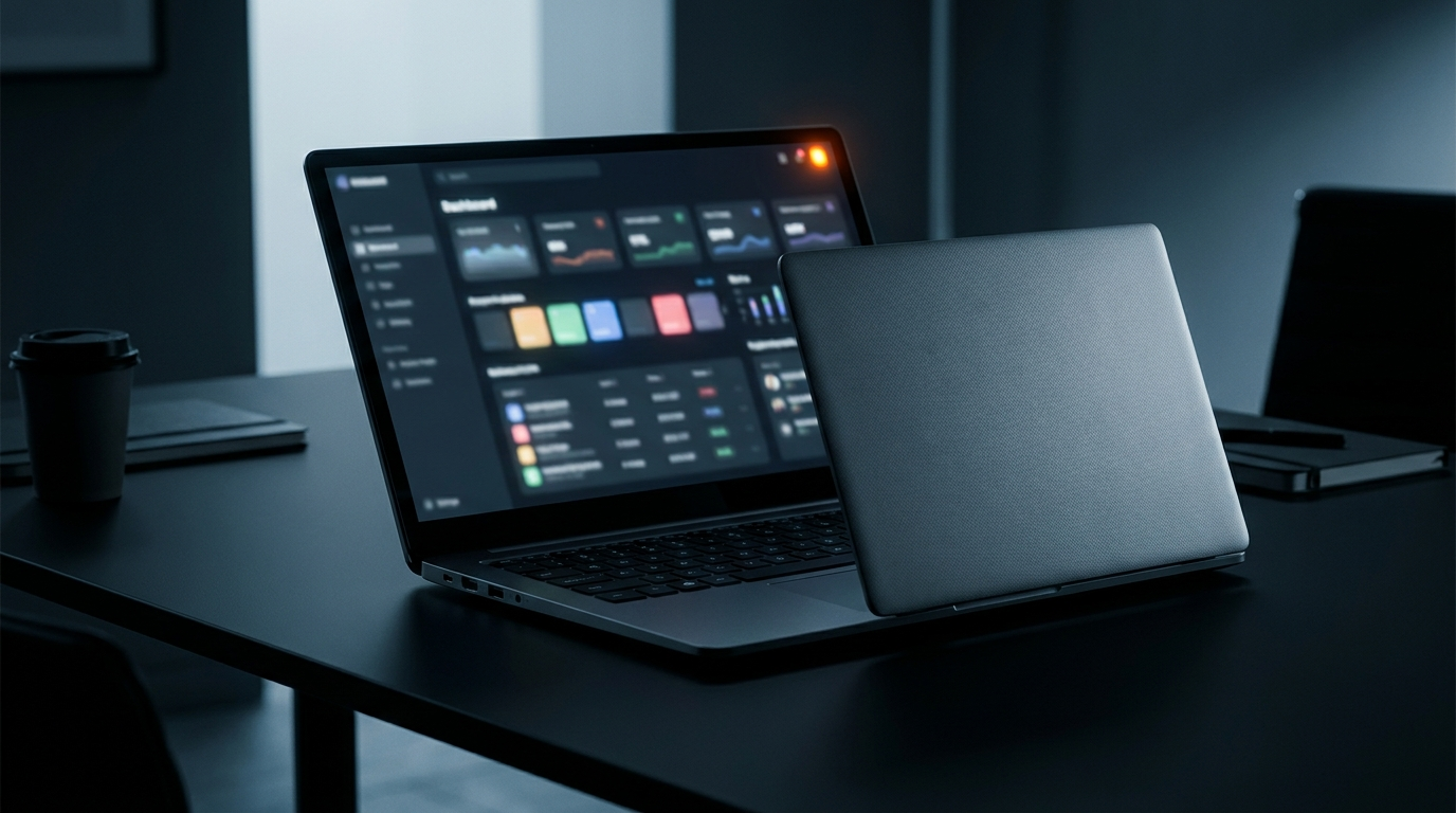 Laptop displaying a project dashboard with job and quote statuses