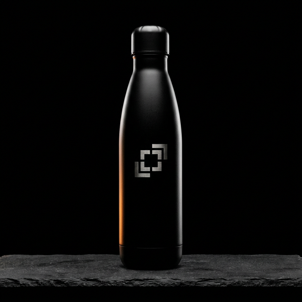 Laser-engraved matte black insulated water bottle on dark slate