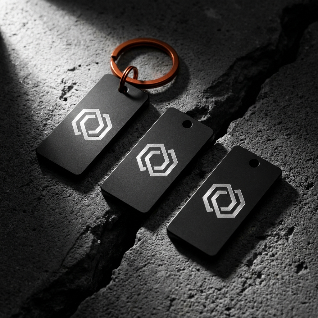 Three laser-engraved black metal keychains on dark concrete