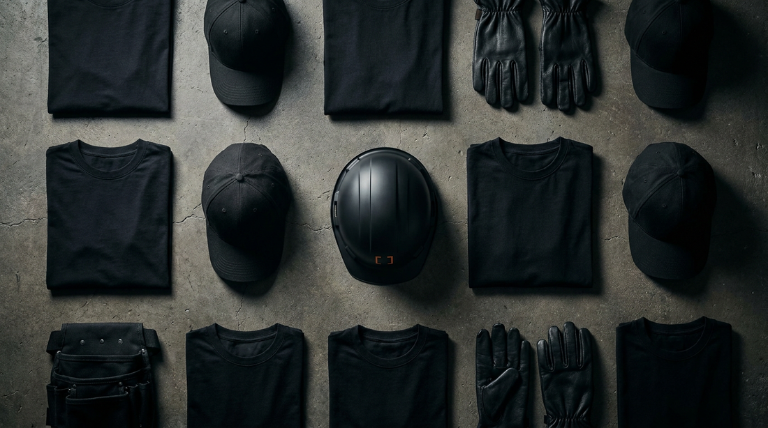 Matching black crew apparel kit laid out on dark concrete