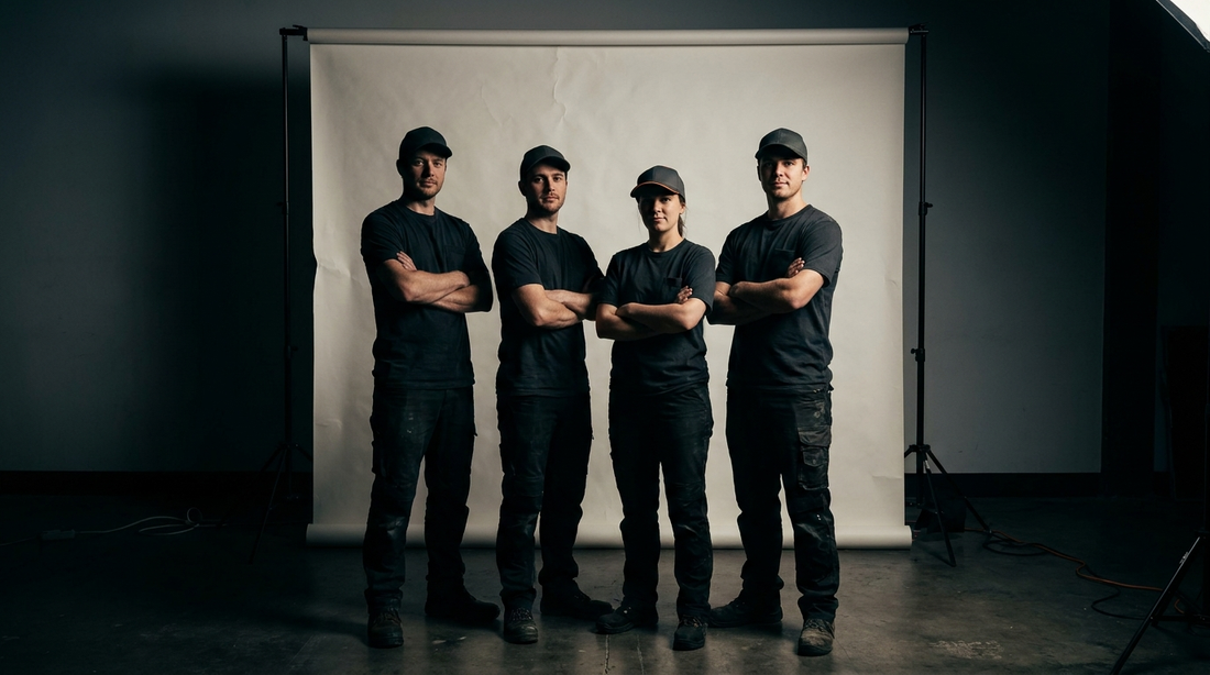 Crew in matching black shirts photographed in the NANO-BOX studio