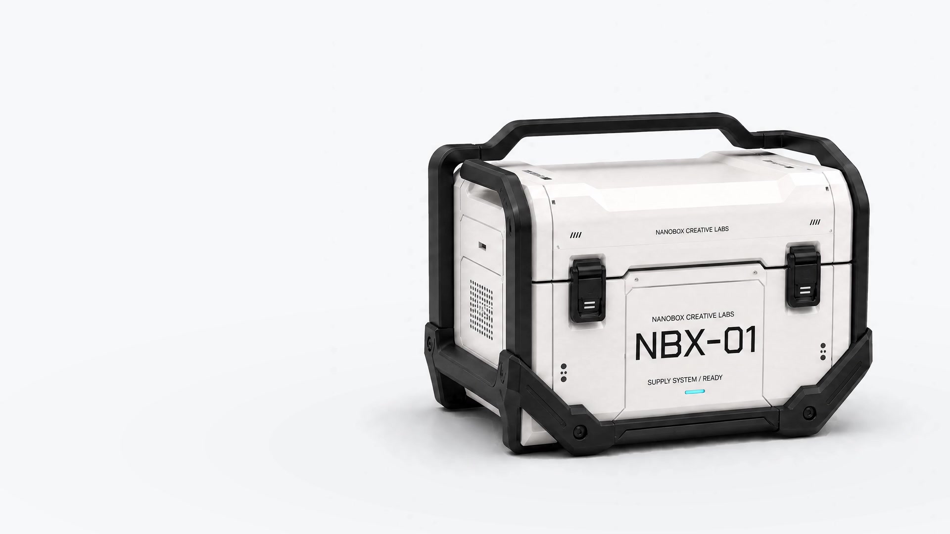 Nanobox supply crate with a white shell and black protective frame.